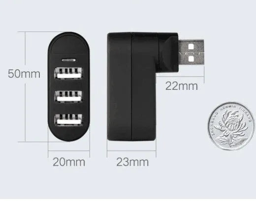 USB 2.0 splitter hub with spin colour design in black and white colour options showing multiple USB ports
