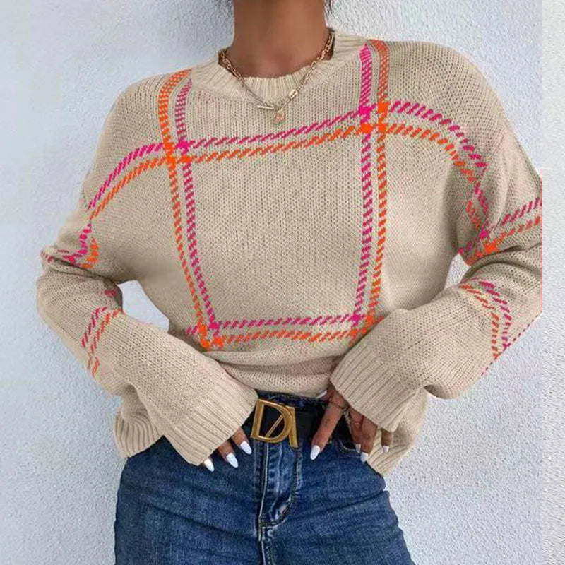 Women's loose fit plaid colour-block acrylic sweater with crew neck in striped apricot, black, beige, red, and green.