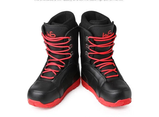 Men's black ski boots with lace-up tie closure, rubber outsole and high upper