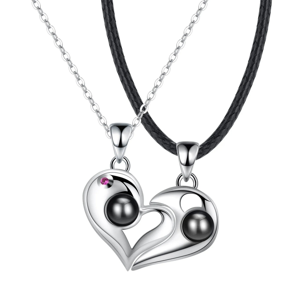 925 silver heart-shaped photo projection couple necklace with silver finish