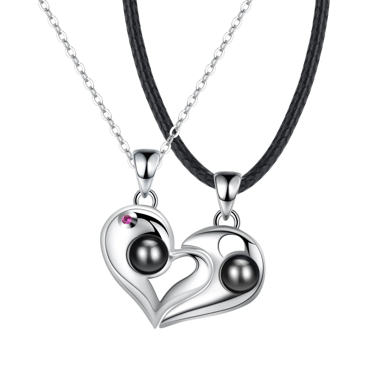 925 silver heart-shaped photo projection couple necklace with silver finish