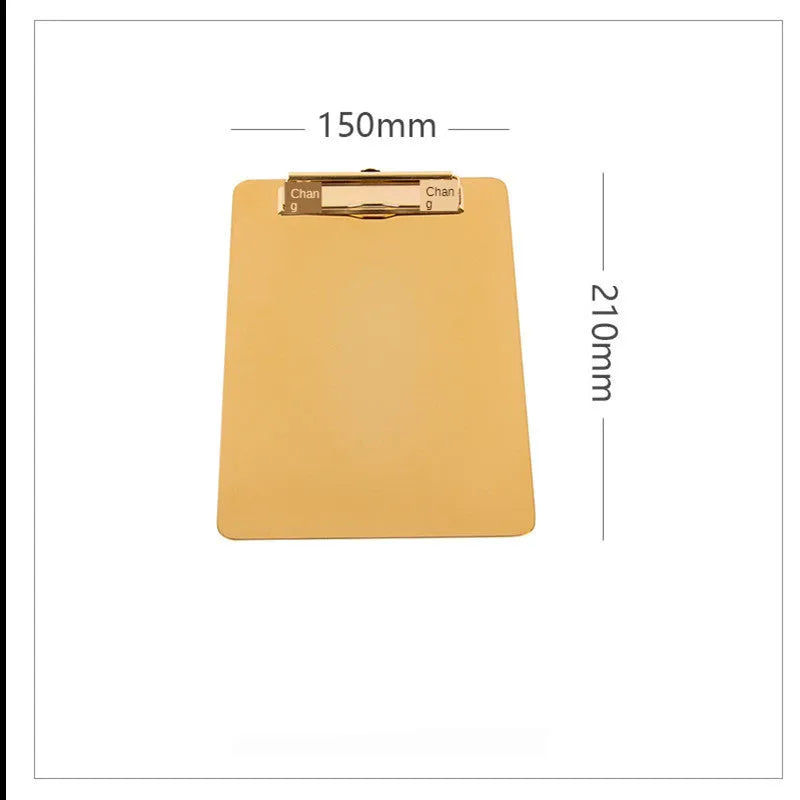 Gold metal-plated stainless steel folder board for office and study use on a flat surface.