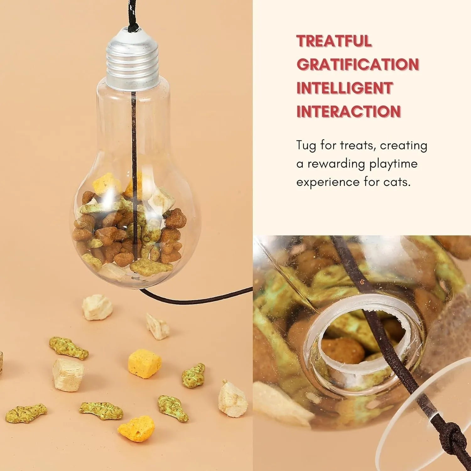 Grey interactive cat toy hanging from door frame with retractable elastic rope, treat dispenser bulb, and dangling mouse attachment