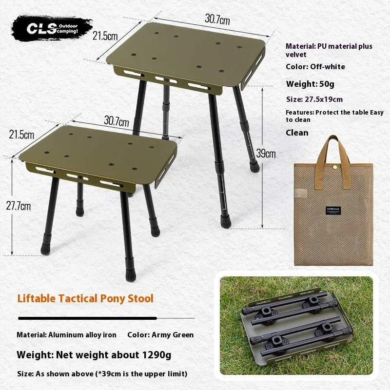 CLS aluminium folding camping stool shown in army green, converted into a small raised table next to a storage bag.