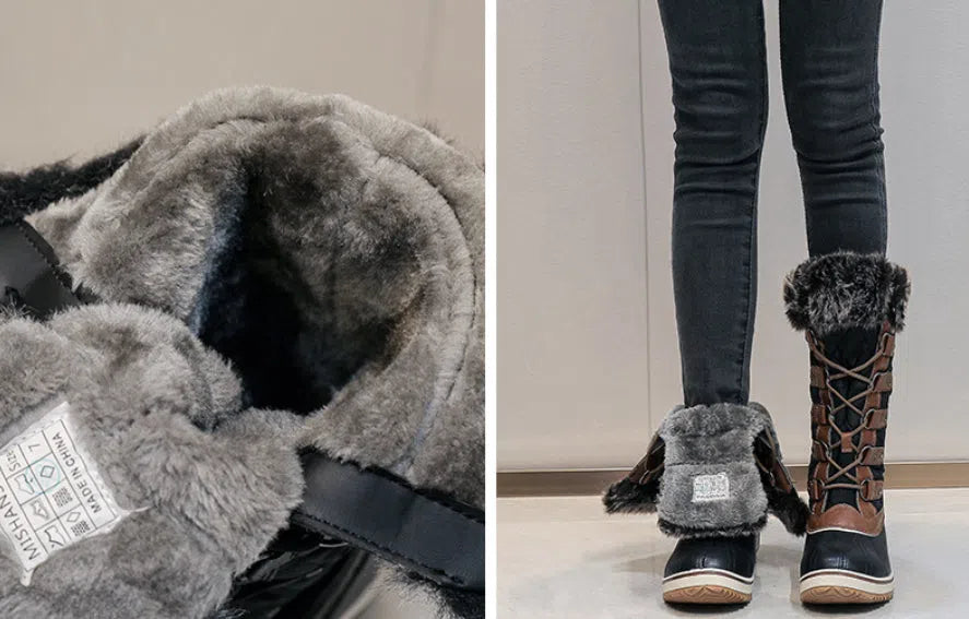 Women's high-top flat snow boots in black synthetic leather with round toe and high-top shaft