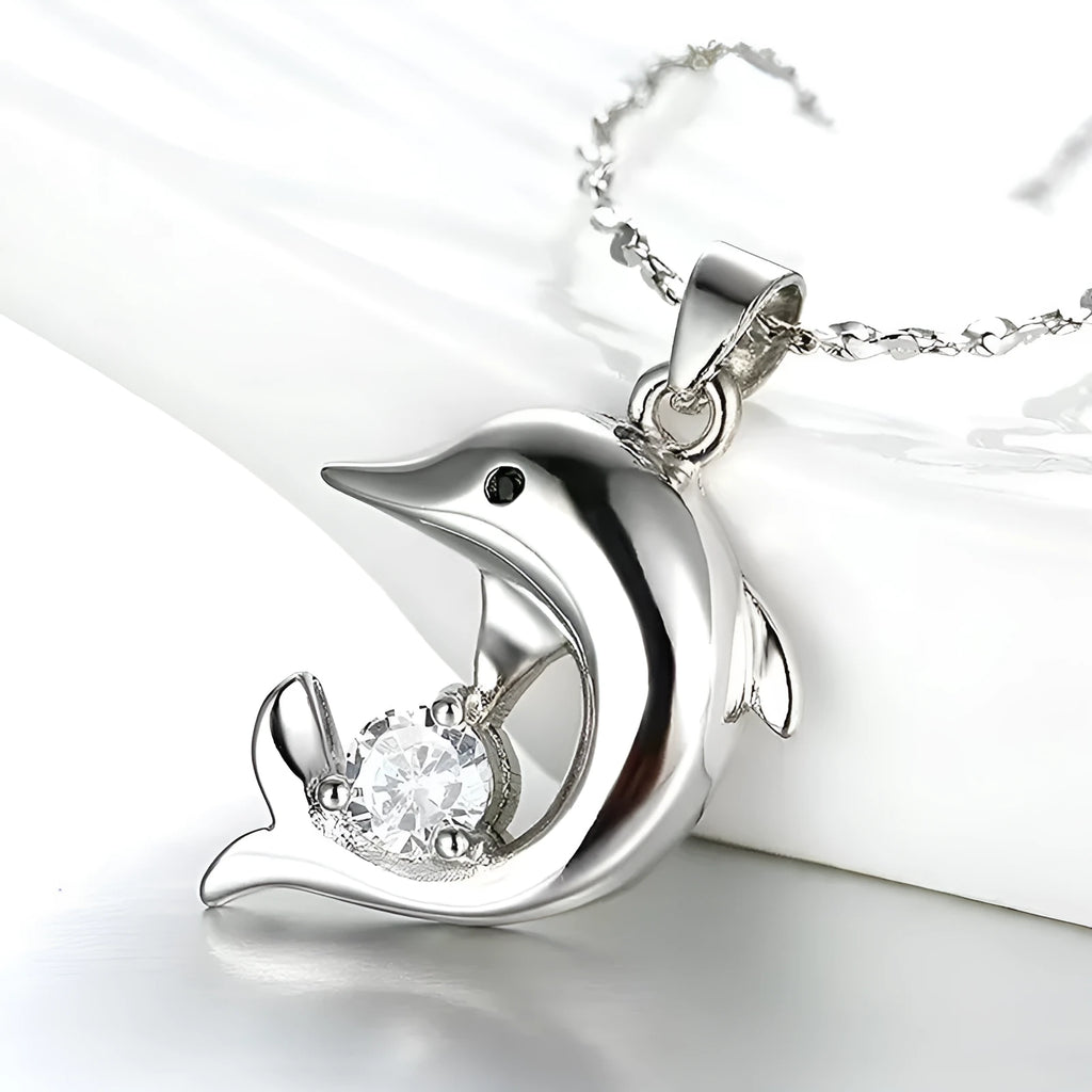 Silver plated copper dolphin pendant necklace with mixed gem inlay on O-link chain, women's fashion jewellery