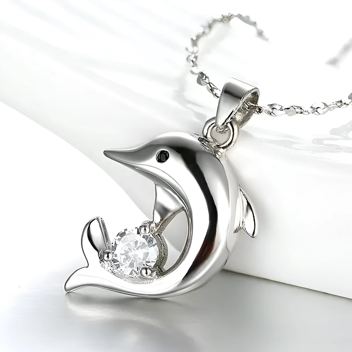 Silver plated copper dolphin pendant necklace with mixed gem inlay on O-link chain, women's fashion jewellery