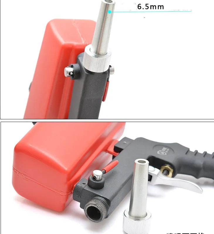 Portable black pneumatic sandblasting gun with gravity feed tank for rust removal and descaling work.