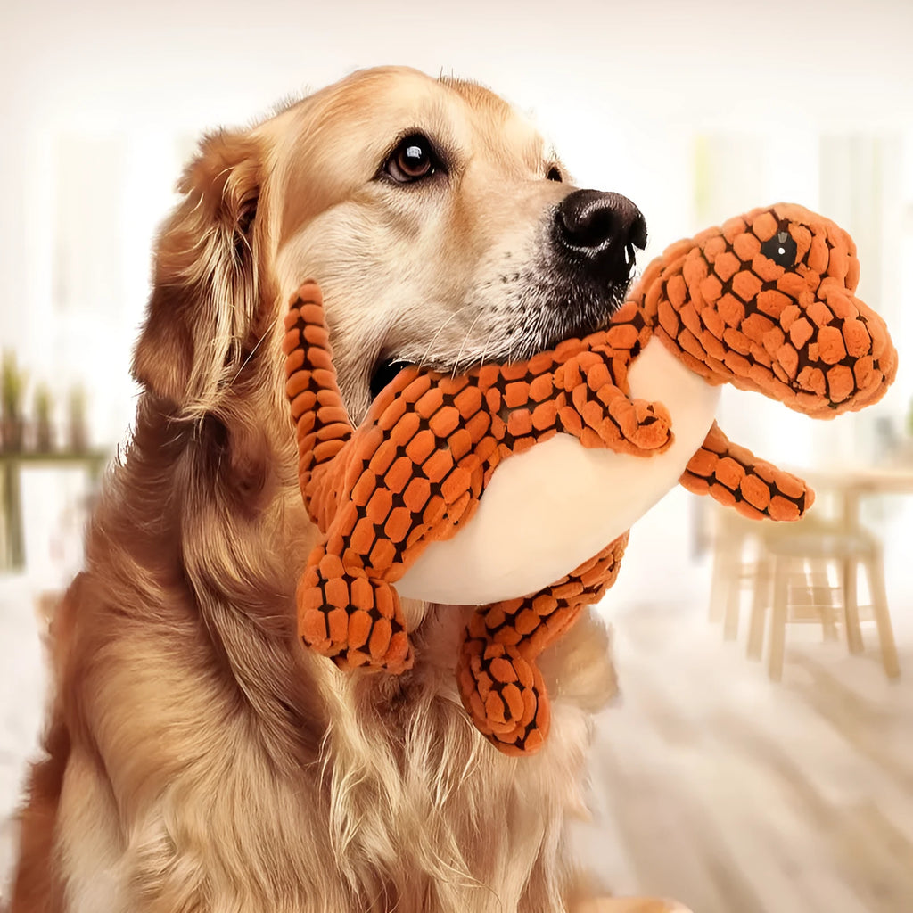 Dinosaur pet toy for large dogs with corn velvet outer, squeaker, in green colour, 25cm size
