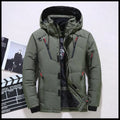 Men's down jacket in polyester fibre, Asian sizes M to 3XL, shown in black, blue, green, grey and orange red