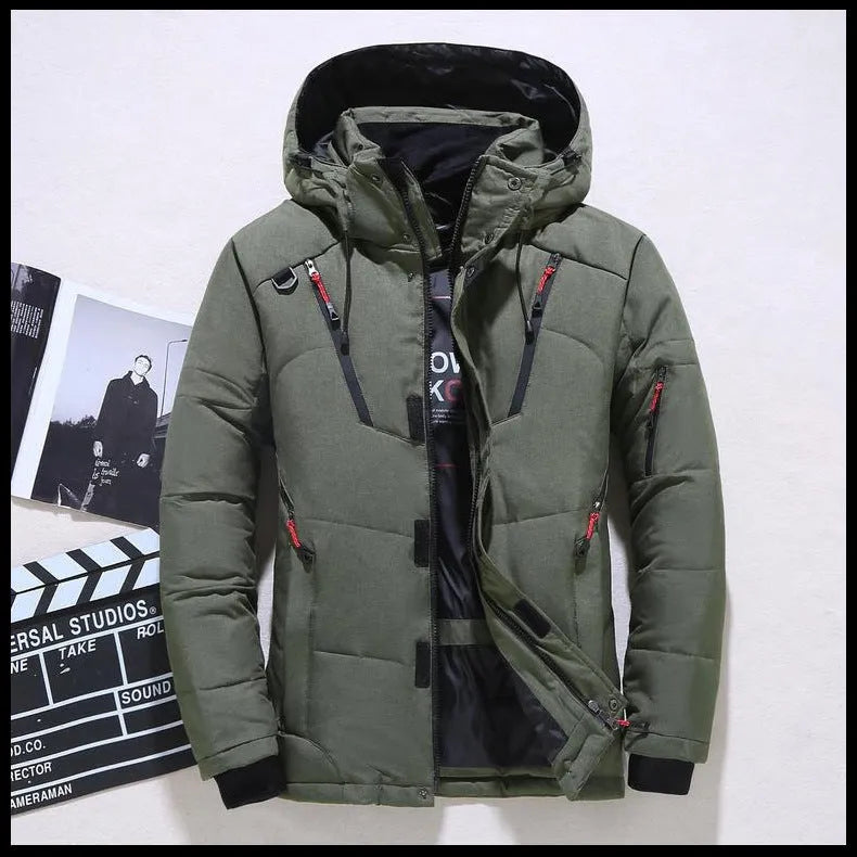 Men's down jacket in polyester fibre, Asian sizes M to 3XL, shown in black, blue, green, grey and orange red