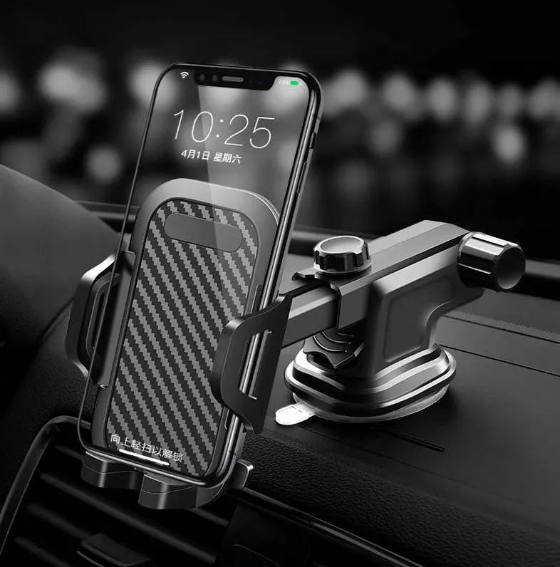 Black universal car phone holder showing adjustable grip for 4.0-7.0 inch mobile phones