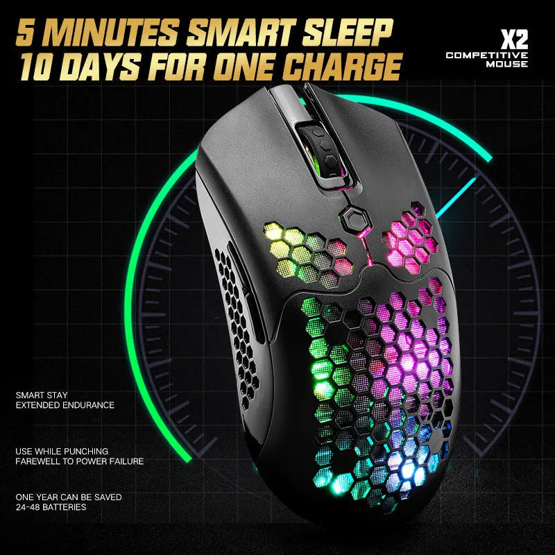 Free Wolf X2 wireless gaming mouse in black, green, pink, white, or yellow with RGB lighting and dual-mode connectivity
