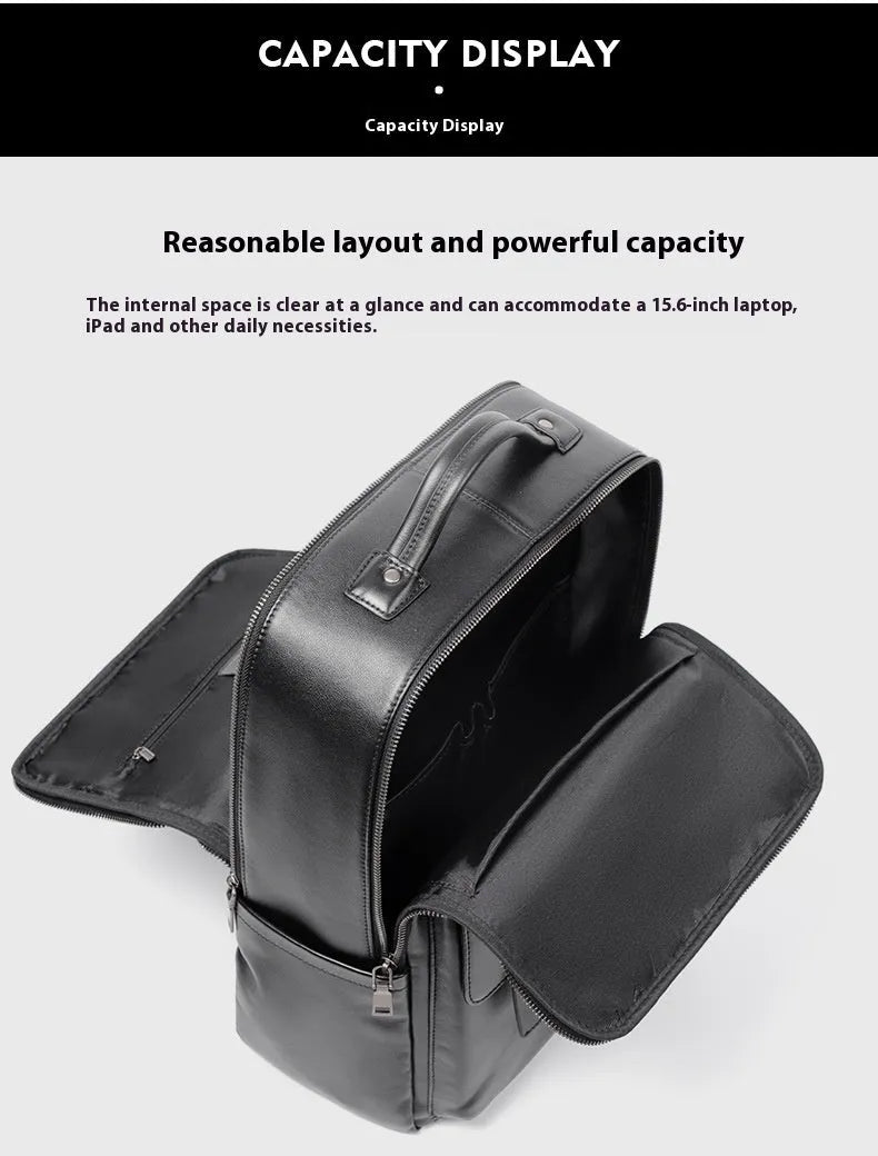 Large black leather men's computer backpack with weaving detail and a physiological curve back.