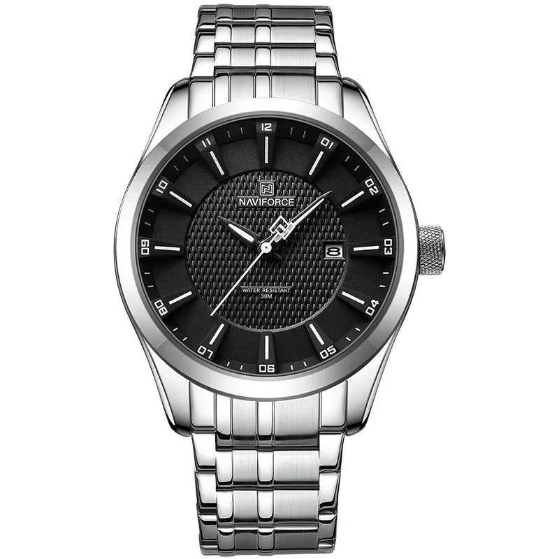 Men's simple casual alloy watch with circular face, available in multiple colour options including black, white, and white-blue