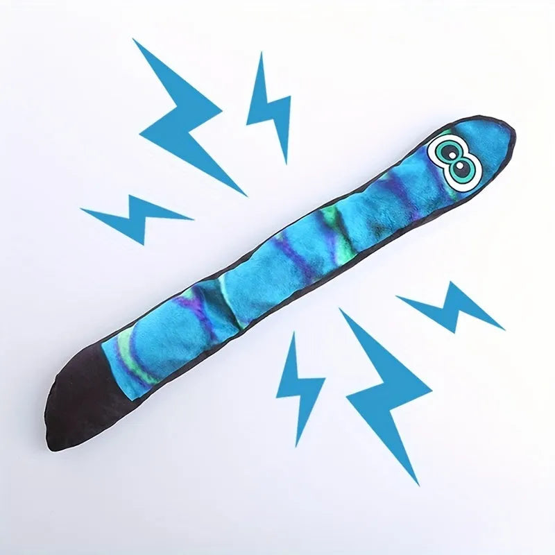 Snake-shaped plush dog squeaky toy with stripe print pattern in blue and green colors
