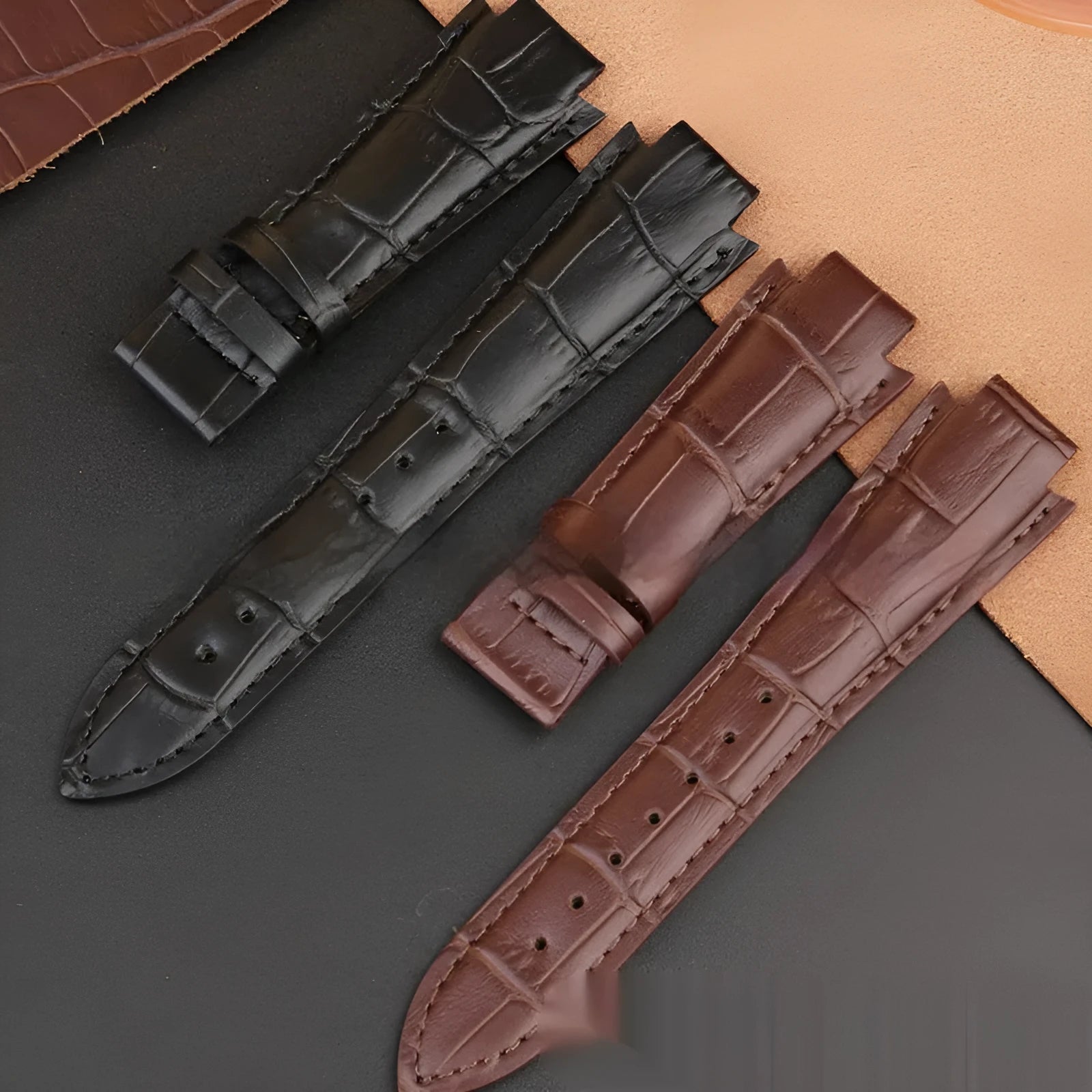 Genuine calfskin leather watch strap in brown with concave-convex mouth design, 24x14mm size