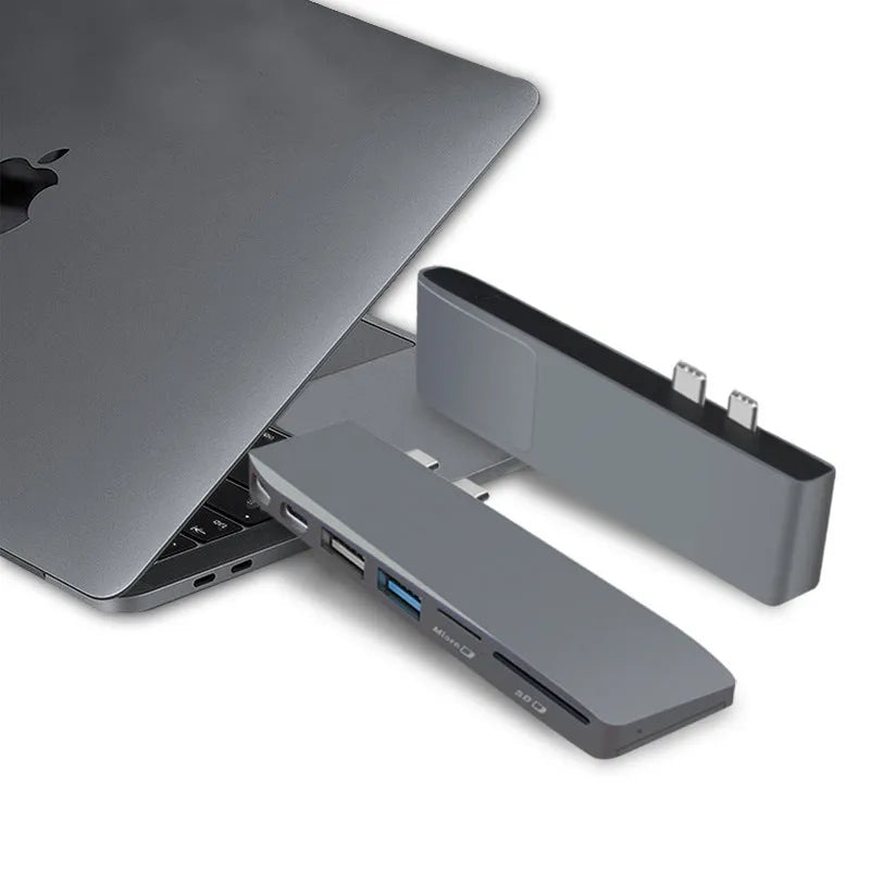 8-in-1 USB-C hub for MacBook Pro with dual USB-C connectors and multiple ports