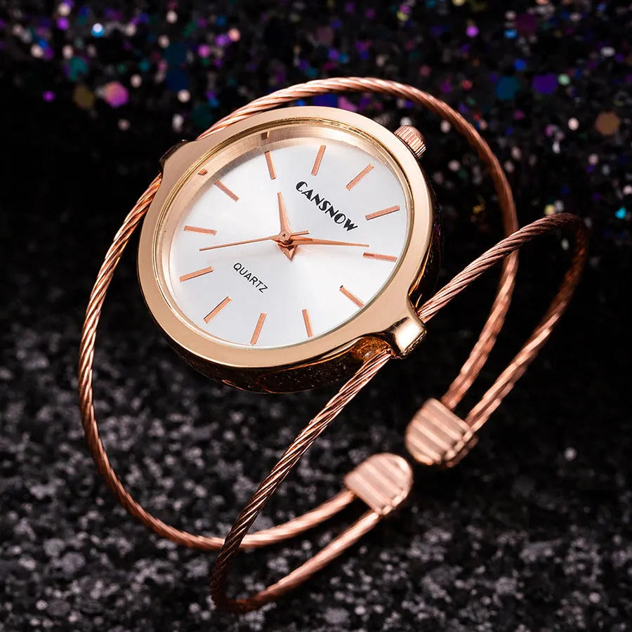 Starry sky design women's steel wire bracelet watch in rose gold with quartz movement and spiral crown