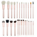 26 pink makeup brushes with wool bristles and wooden handles in a PU storage bag.