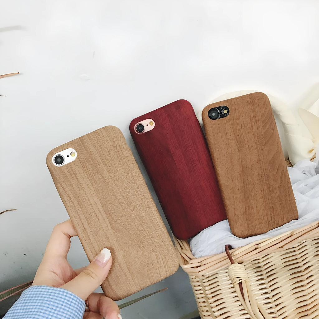 Ultra-thin wood-grain PU leather phone case for iPhone, dark brown, with flexible PC and nonwoven layers