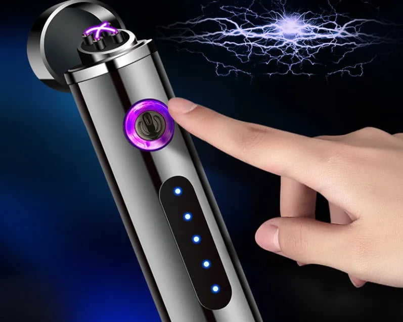 Metal USB electronic cigarette lighter in cylindrical design with USB charging cable, 8.4cm long