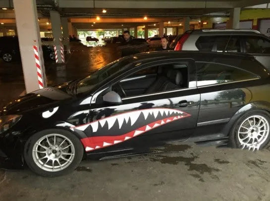Shark design car body vinyl sticker decal showing large format dimensions on vehicle panel