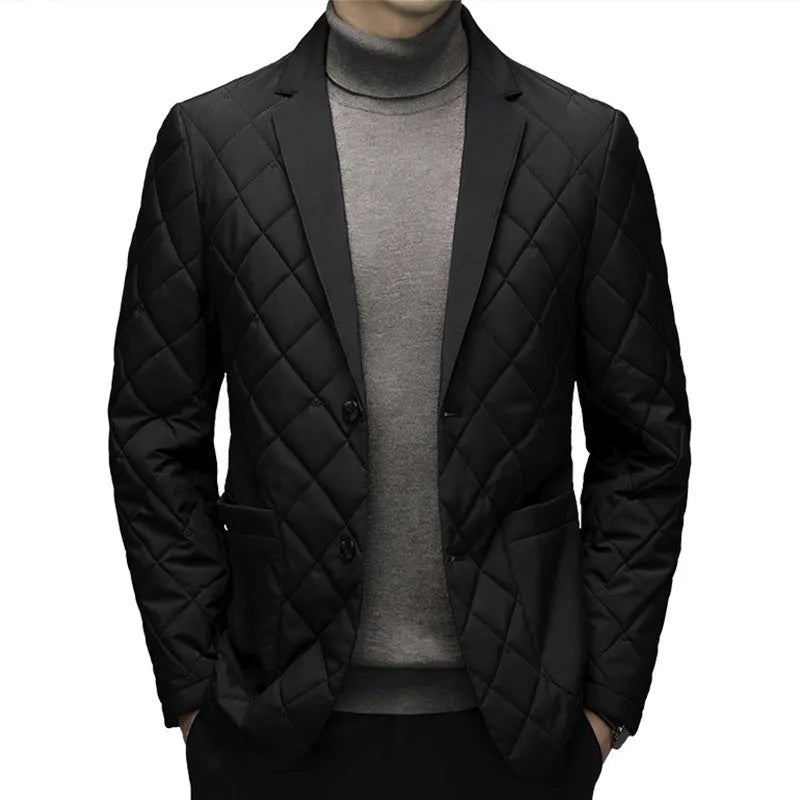 Men's black lapel down jacket with side pockets showing thickened winter construction