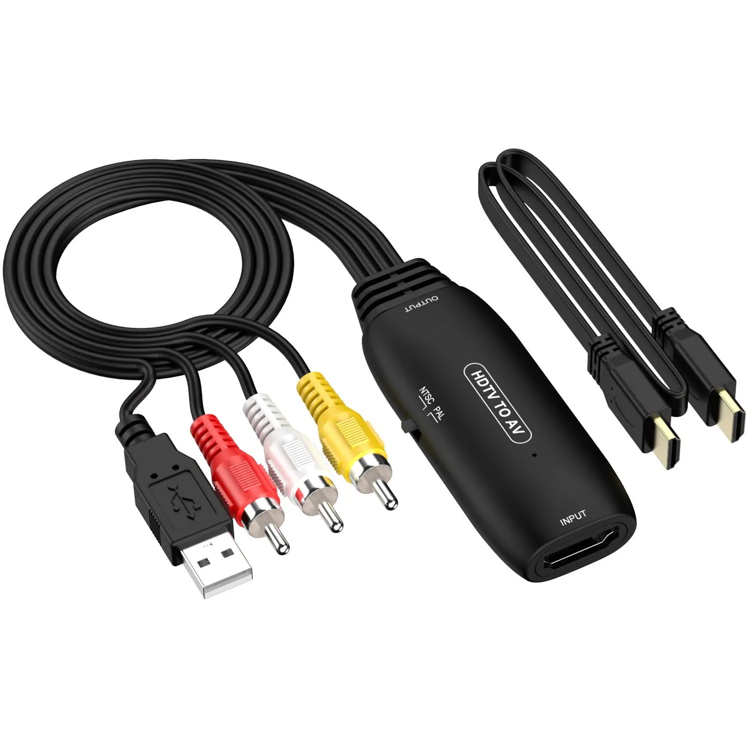 HDMI to AV adapter cable converter with 110cm length showing RCA composite output connectors