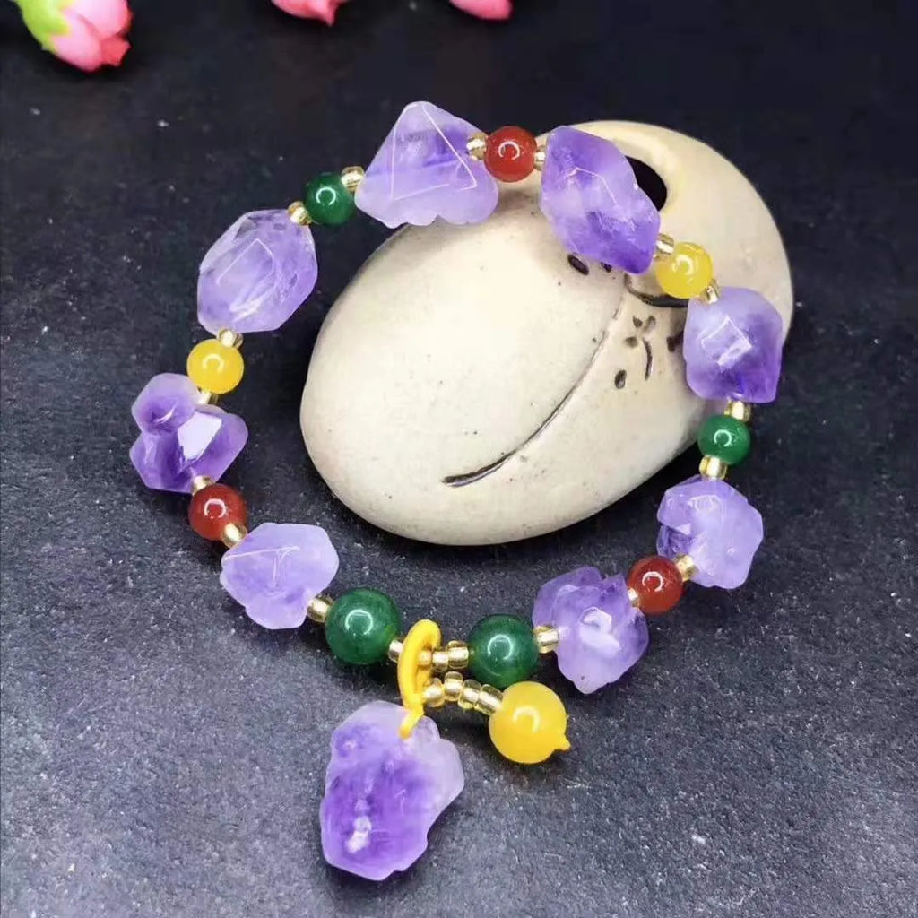 Women's natural shaped amethyst bead bracelet with fu character charm jewellery