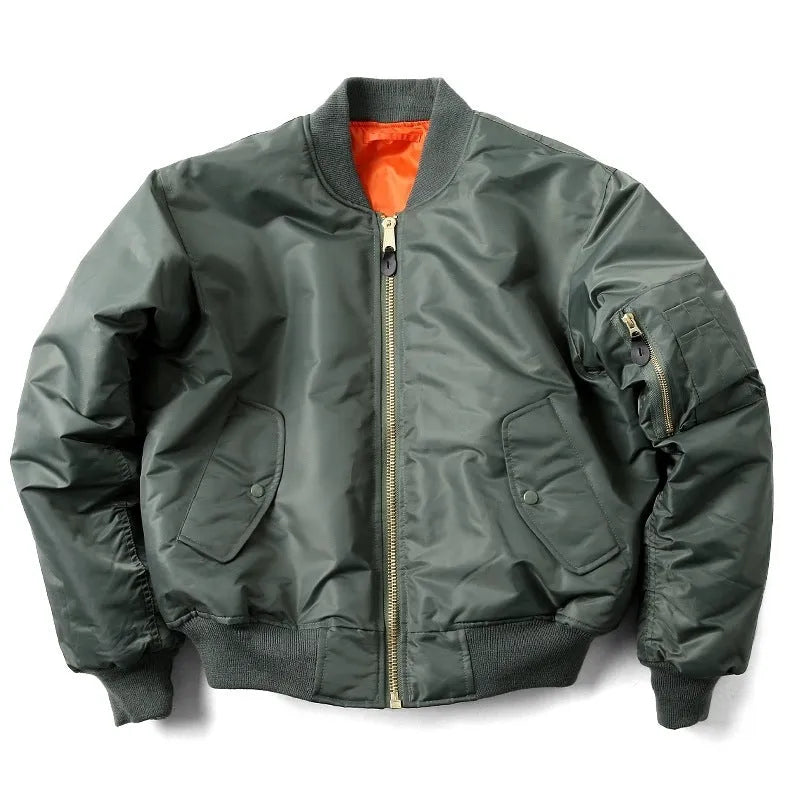 Men's army green loose-fitting nylon pilot jacket with cotton padding from American workwear collection.