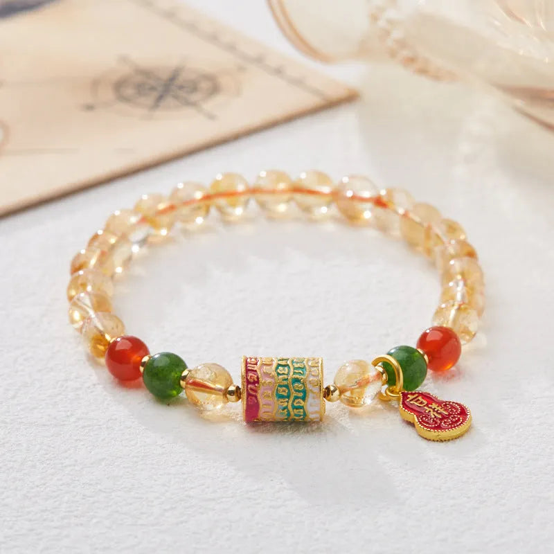 Hand-woven citrine five sutra crystal bracelet with 6mm beads and geometric pattern