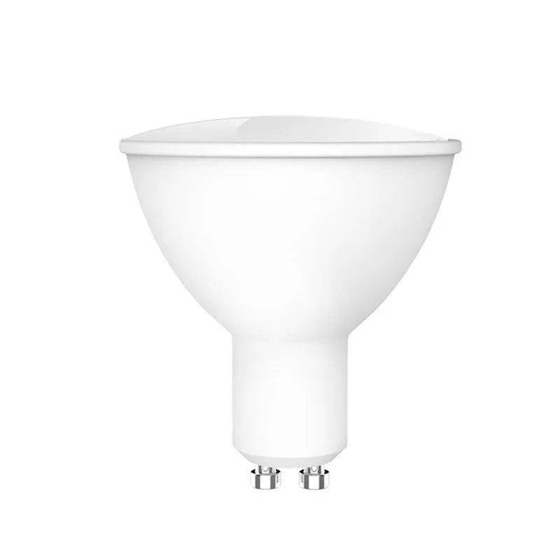 GU10 smart spotlight bulb with Wi-Fi and voice control, showing RGBCCT lighting capabilities
