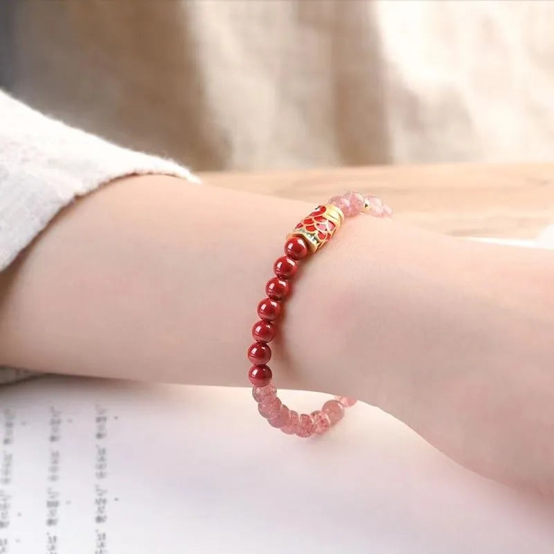 Purple cinnabar and strawberry quartz women's bracelet with lucky beads and peach blossom charms