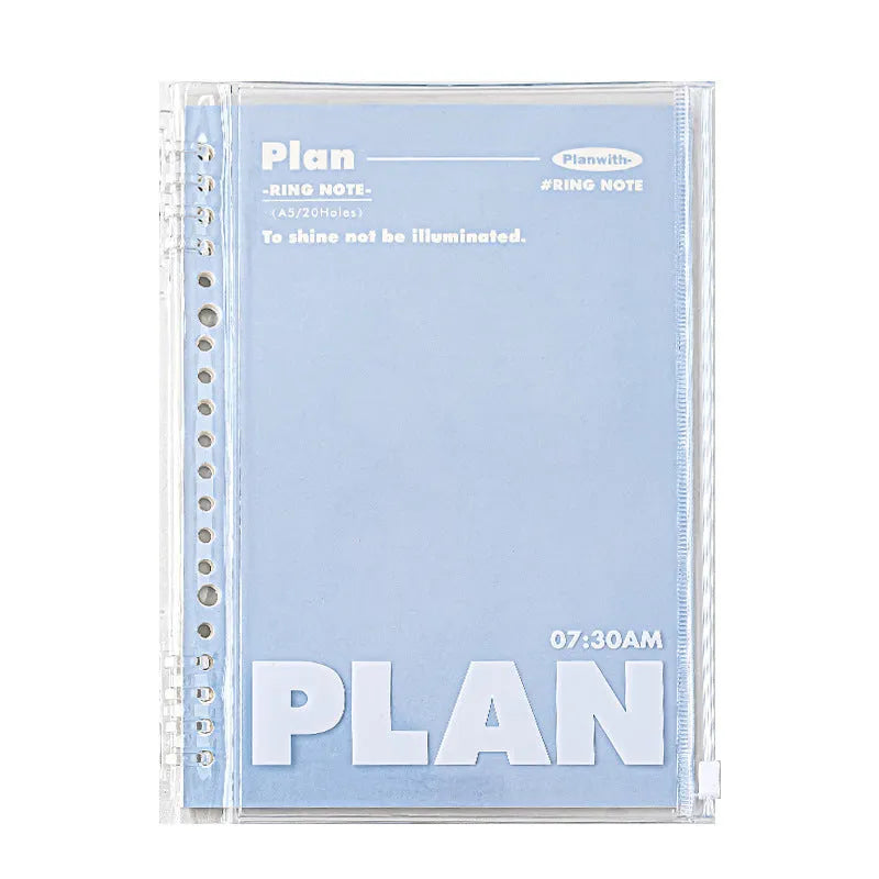 A5 PVC spiral notebook with transparent cover in blue or white, showing spiral binding and standard paper size