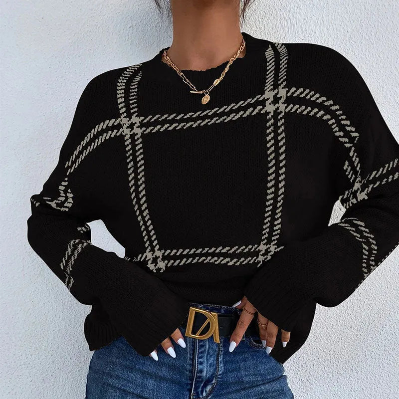 Women's loose fit plaid colour-block acrylic sweater with crew neck in striped apricot, black, beige, red, and green.