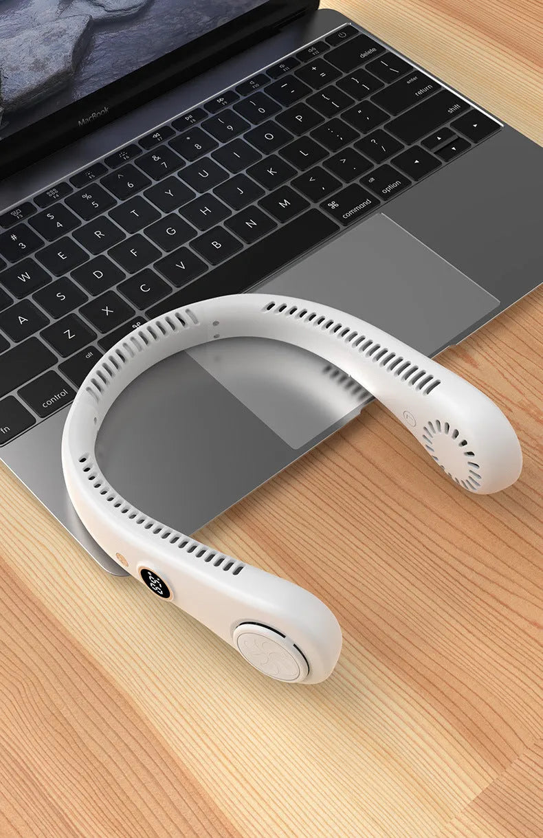 White USB rechargeable bladeless neck fan with flexible neckband for personal cooling