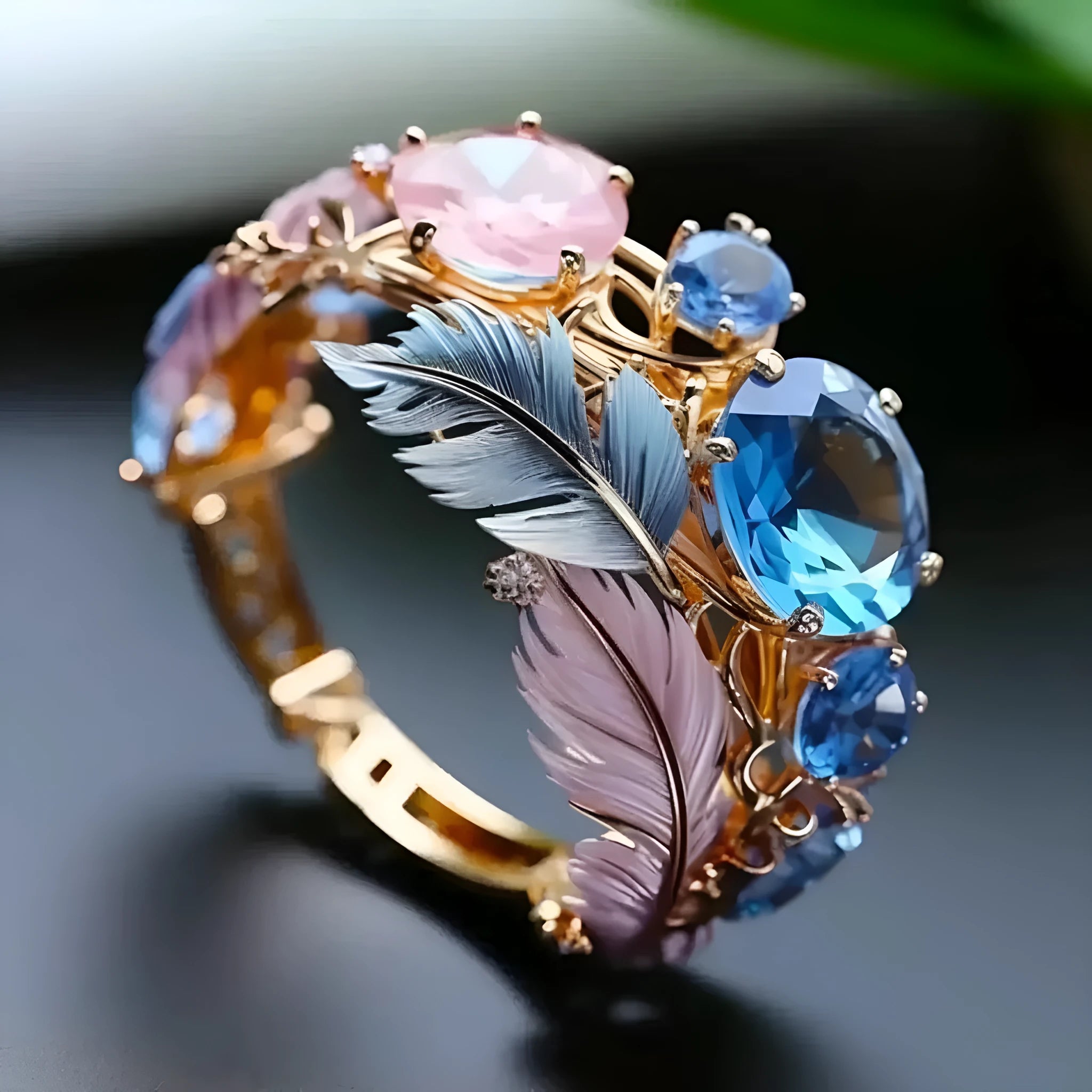 Gold brass feather ring with embossed colourful geometric design and zircon details