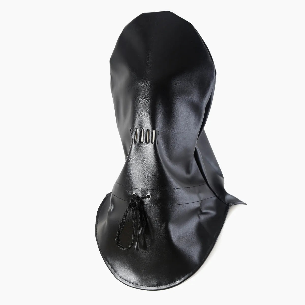 Black leather bondage mask covering eyes with adjustable fit for adult use