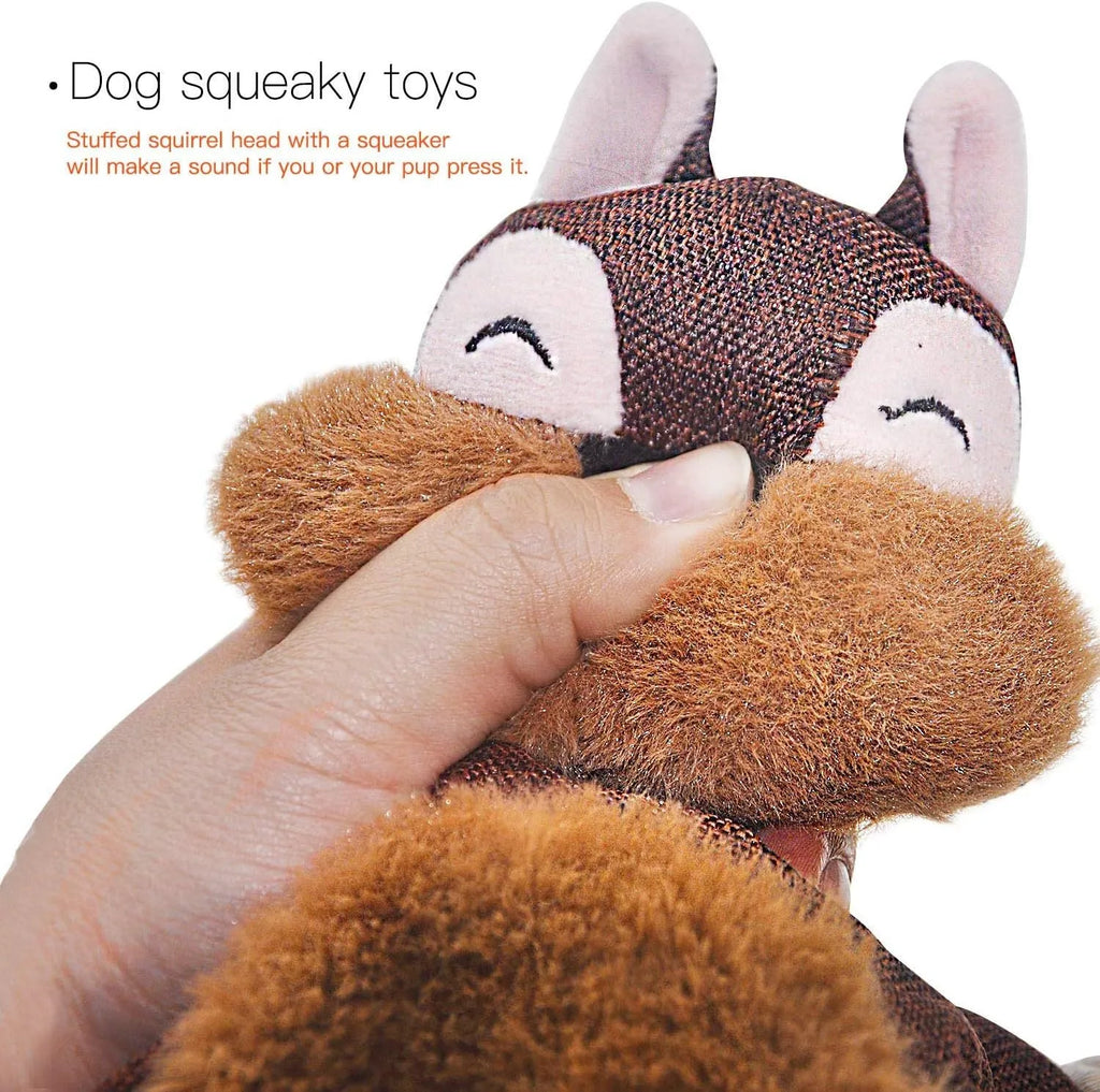 Brown fox dog toy with squeaker, crinkle paper sounds, and cotton rope arms for chewing