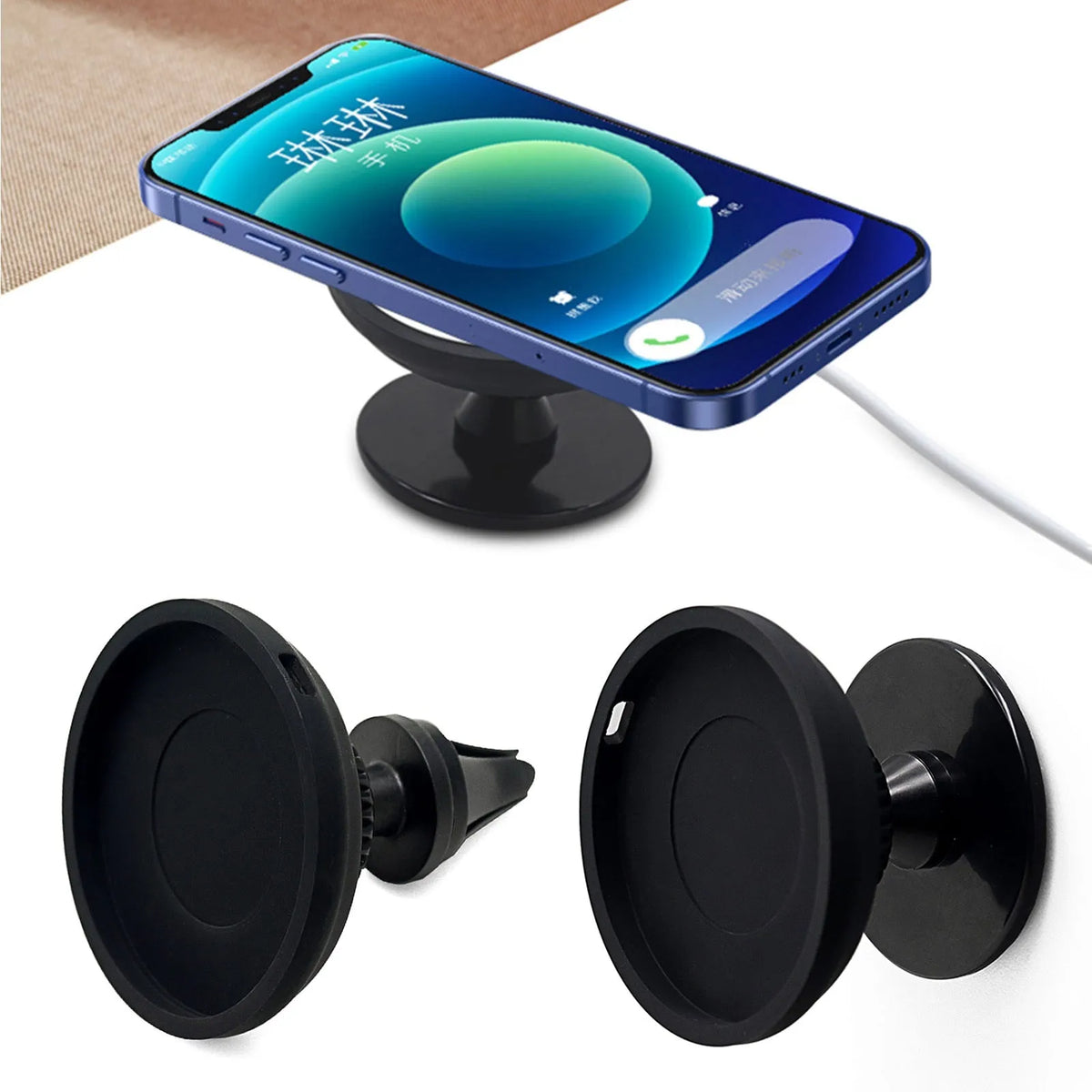 Black magnetic car mobile phone holder showing both air vent and dashboard base mounting options