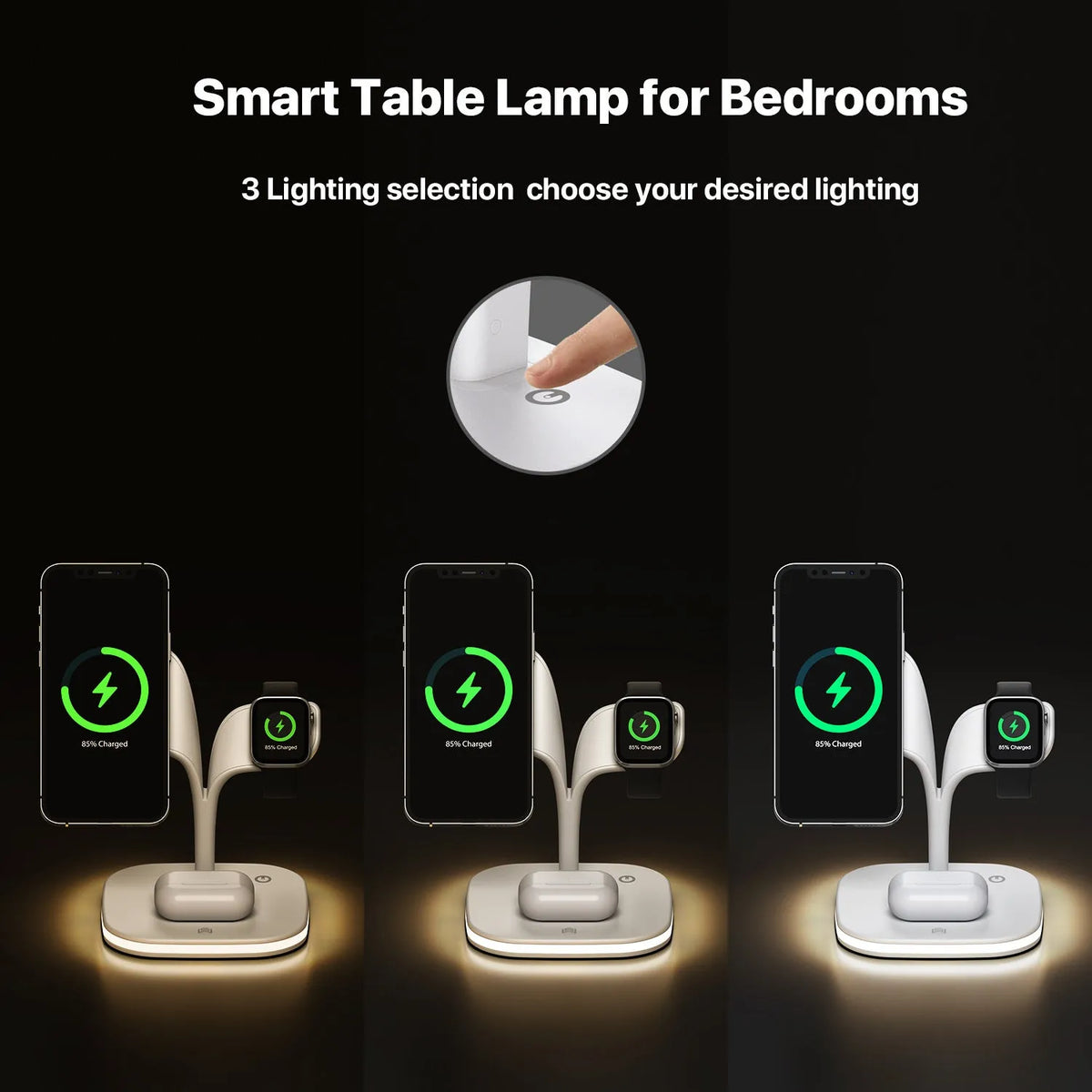 Black and white wireless charging station for phone, watch and headphones on a desk