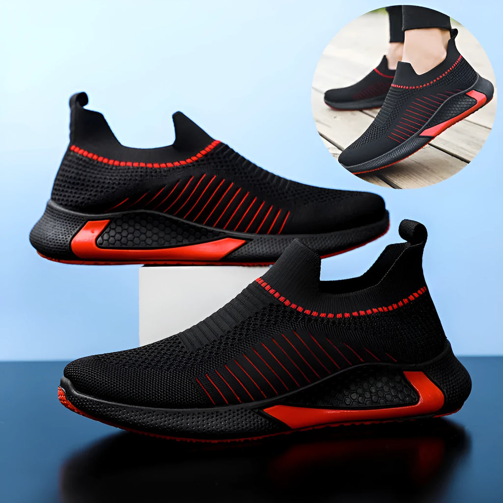 Men's mesh sock shoes with striped flyknit upper and slip-on design