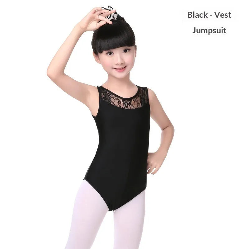 Black children's dance practice bodysuit with lace splicing, cotton spandex, vest cut