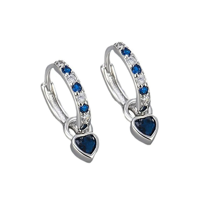 Women's heart-shaped zircon earrings with coloured gemstone centre and gold or white gold plating