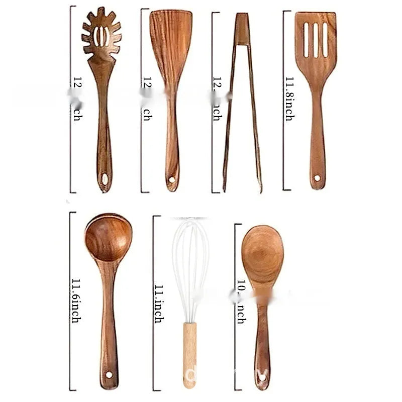 7-piece wooden kitchen utensil set with spoons and spatulas in natural wood material