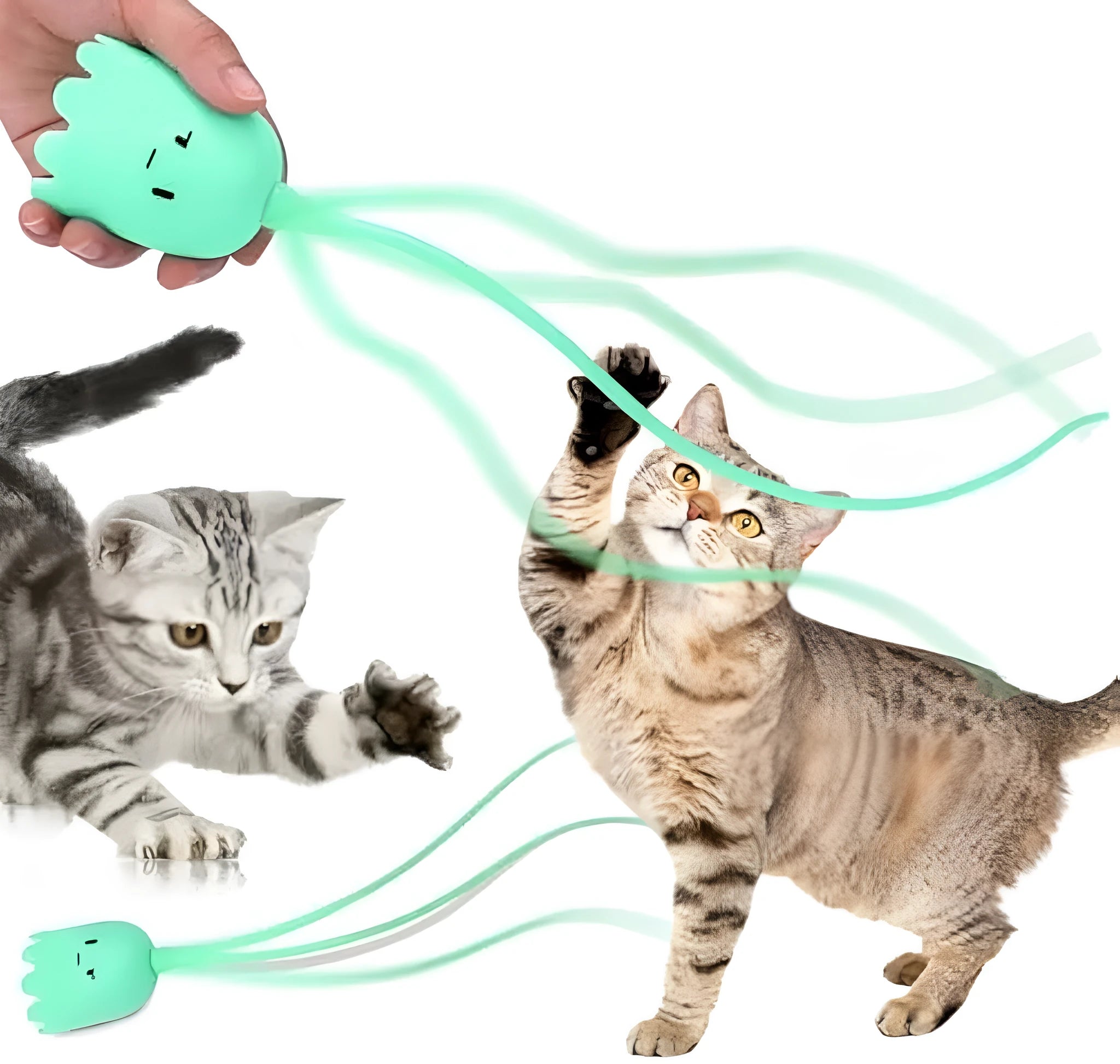 Green electronic cat wand toy with wiggling silicone tail for indoor cat play