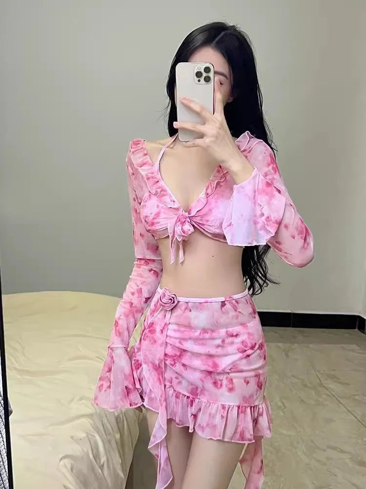 Women's floral bikini swimsuit in cherry blossom powder colour with polyester fabric