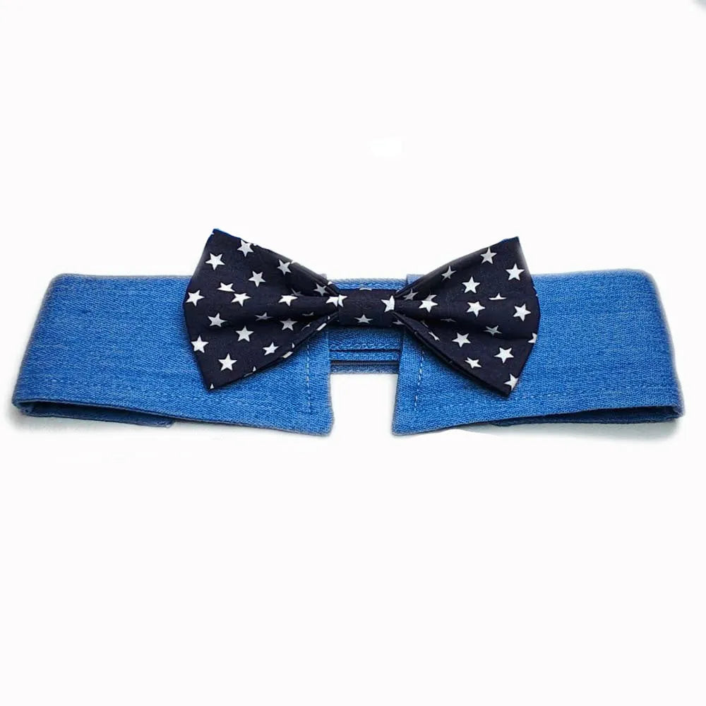 Denim dog collar with star pattern in bow and tie styles showing adjustable fastener tape