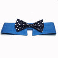 Denim dog collar with star pattern in bow and tie styles showing adjustable fastener tape